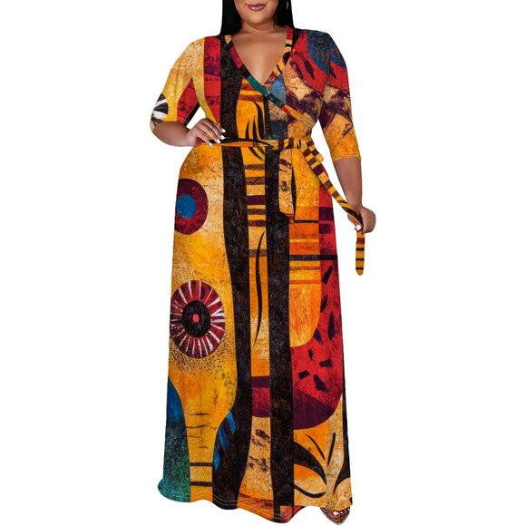 Plus Size Maxi Dress V-Neck 3/4 Sleeves Belt Floor Length Casual Formal - Picture 2 of 6